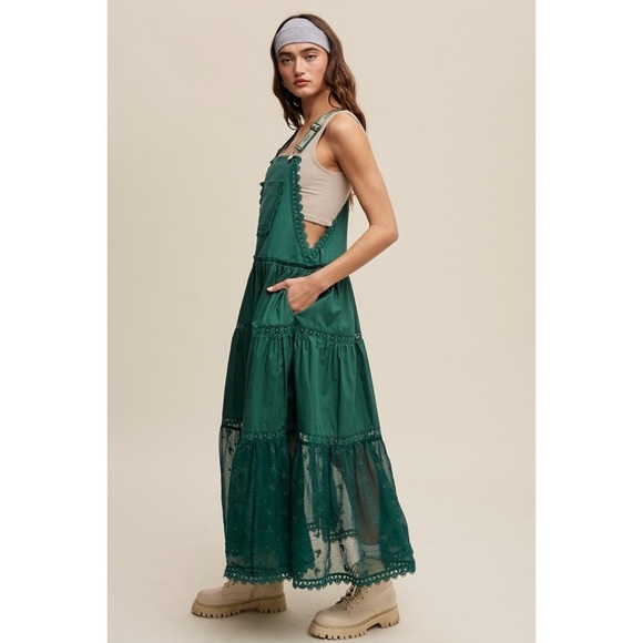 LISTICLE Forest Green Lace Embroidered Maxi Skirtall | Boho Overall Jumper - Picture 3 of 11